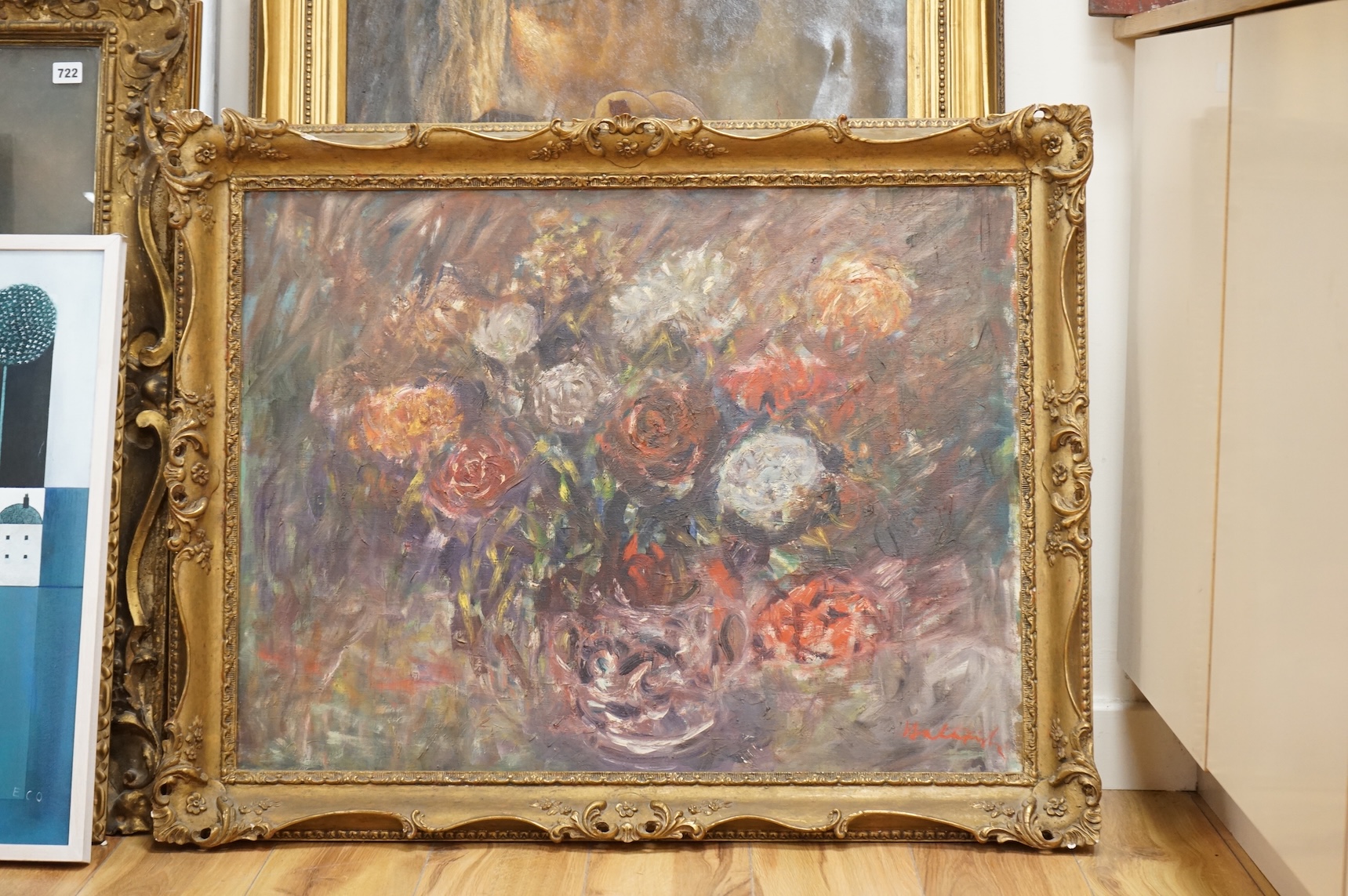 20th century, Continental still life of roses in a vase, indistinctly signed lower right, oil on canvas, 60 x 80cm, ornate gilt frame